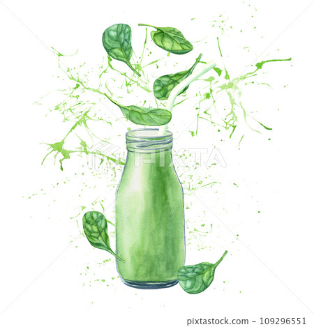 Green fresh smoothie with spinach and spatter. Hand drawn food watercolor illustration isolated on white background. For clip art menu label package 109296551