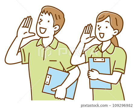 Young male and female caregivers calling out Young male and female caregivers calling out 109296982