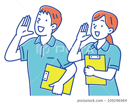 Young male and female caregivers calling out Young male and female caregivers calling out 109296984