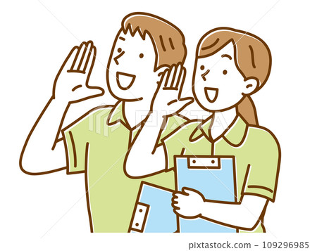 年輕男性和女性護理人員大聲喊叫 年輕男性和女性護理人員大聲喊叫 109296985