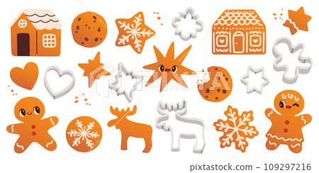 Cute cookies set. Gingerbread house, gingerbread cookies isolated on white. Vector for stickers, cards, scrapbooking. Cute cookies set. Gingerbread house, gingerbread cookies isolated on white. Vector for stickers, cards, scrapbooking. 109297216