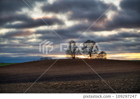 Countryside landscape with large brown field and small hill Countryside landscape with large brown field and small hill 109297247