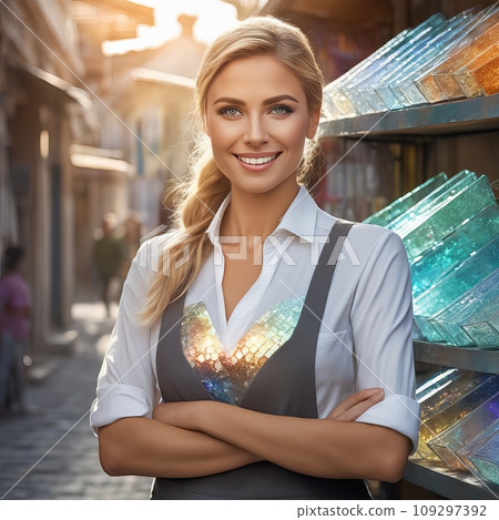 Young woman as a store manager with clothes Young woman as a store manager with clothes 109297392