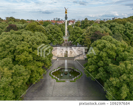 aerial golden peace angel Friedensengel in Muenchen City Statue Munich fountain 109297684