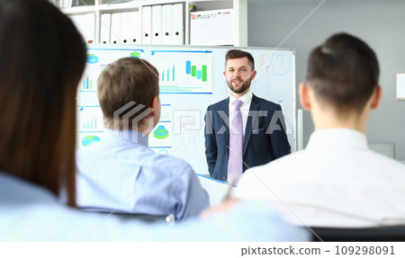 Male mentor coach conducts training on financial investment Male mentor coach conducts training on financial investment 109298091