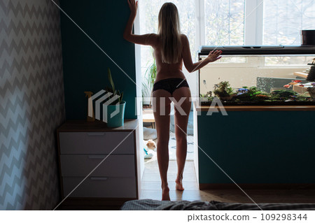 Silhouette of beautiful slim woman against the window 109298344