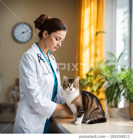 beautiful female veterinarian stands in the clinic near the window and a cat in the foreground beautiful female veterinarian stands in the clinic near the window and a cat in the foreground 109298811