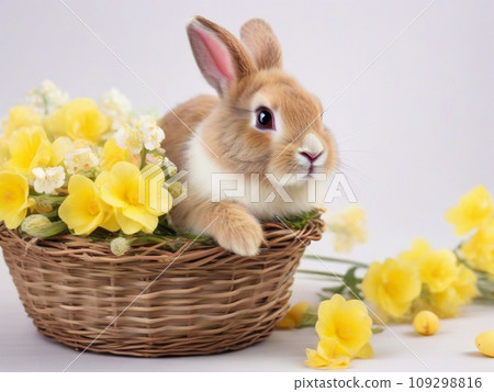 Fluffy brown bunny in a wicker basket with Easter eggs and yellow flowers on a light background 109298816