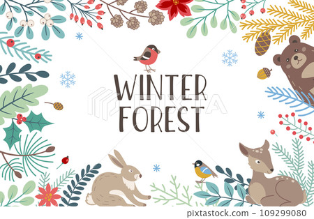 Decorative winter background with evergreen plants, deer and bear 109299080