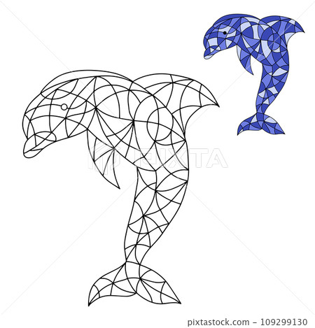 Black and White and Colored Illustration in stained glass style with abstract Dolphin. Image for Coloring Book and Coloring Page. 109299130
