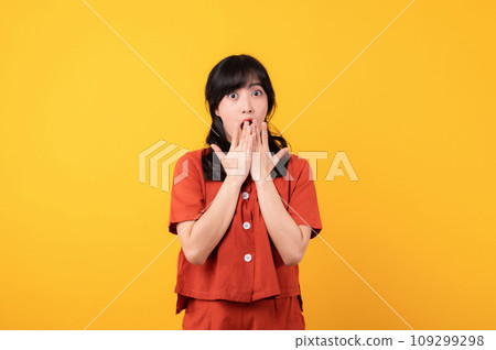 Portrait young beautiful asian woman happy smile dressed in orange clothes looking surprised, reacting amazed, raising eyebrows impressed isolated on yellow studio background. 109299298