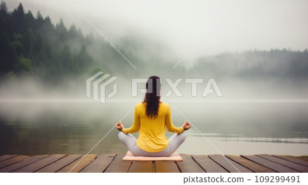 Tranquil woman meditates sitting in lotus pose on pier by calm river on autumn day Tranquil woman meditates sitting in lotus pose on pier by calm river on autumn day 109299491