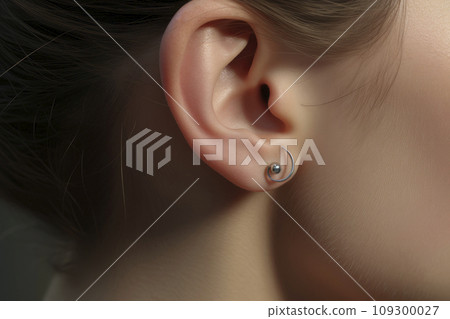 Pierce the ear with an earring. Closeup of female ear with three earrings. Pierce the ear with an earring. Closeup of female ear with three earrings. 109300027