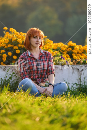 Stylish Redhead Woman in Urban Autumn Fashion 109300099
