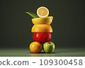 Isolated citrus slices. Pieces of orange, lemon and lime fruits 109300458