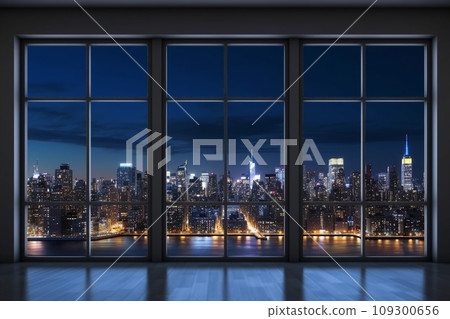 Midtown New York City Manhattan Skyline Buildings from High Rise Window. Beautiful Expensive Real Estate. Empty room Interior Skyscrapers View Cityscape. Night time. west side. generative ai. Midtown New York City Manhattan Skyline Buildings from High Rise Window. Beautiful Expensive Real Estate. Empty room Interior Skyscrapers View Cityscape. Night time. west side. generative ai. 109300656