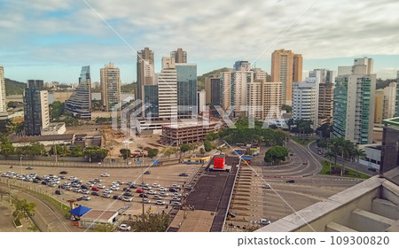 aerial view of Vila Velha to Vitoria toll gate. Cars passing through on the motorway aerial view of Vila Velha to Vitoria toll gate. Cars passing through on the motorway 109300820