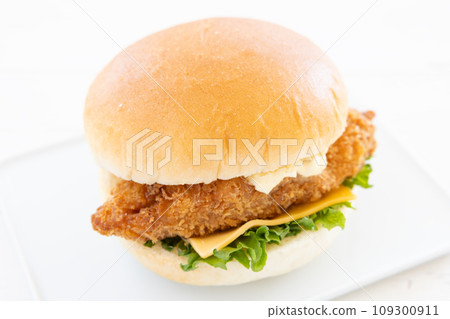 Delicious fish burger with cheese and lettuce 109300911