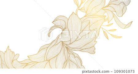 Vector art deco flower pattern background, gold line art, nature floral illustration. Hand drawn wavy plants for packaging, cover, banner, creative post and wall arts. Japanese style. Vector art deco flower pattern background, gold line art, nature floral illustration. Hand drawn wavy plants for packaging, cover, banner, creative post and wall arts. Japanese style. 109301073