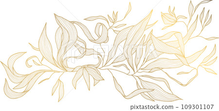 Vector art deco flower pattern background, gold line art, nature floral illustration. Hand drawn wavy plants for packaging, cover, banner, creative post and wall arts. Japanese style. 109301107