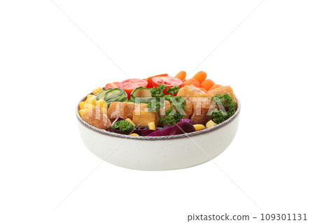 PNG,Fried tofu salad in a white bowl, isolated on white background PNG,Fried tofu salad in a white bowl, isolated on white background 109301131
