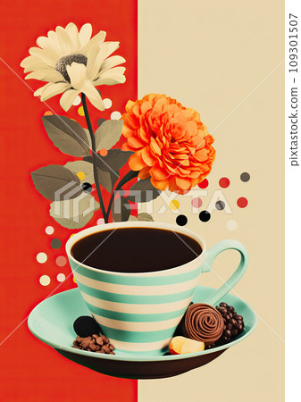 Minimalistic collage of cup of coffee with cookies on the plate and flowers on neutral two colored background. Surreal collage-style paintings Minimalistic collage of cup of coffee with cookies on the plate and flowers on neutral two colored background. Surreal collage-style paintings 109301507