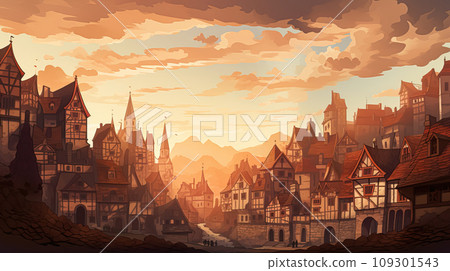 Retro postcard of medieval town with many old buildings, half-timbered houses, cloudy morning background in poscart-style paintings 109301543