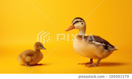 Advertising portrait, banner, young gray duck and duckling in front of, isolated on yellow background 109301579