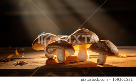 Lifestyle product shot of multiple fresh mushrooms on wooden table. Play light and shadow 109301581