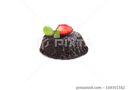 PNG, Chocolate fondant with strawberry, isolated on white background PNG, Chocolate fondant with strawberry, isolated on white background 109301582