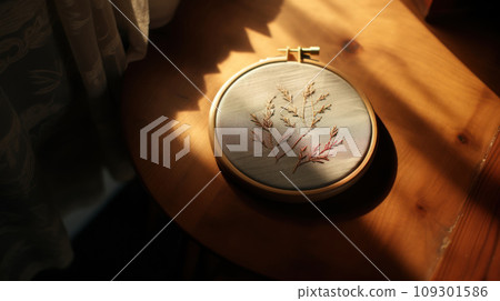 Lifestyle shot of embroidery in the shape of a tree in a hoop on a wooden table. Play of light and shadow 109301586