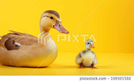 Advertising portrait, banner, mother duck and duckling sitting together in from of camera, isolated on yellow background Advertising portrait, banner, mother duck and duckling sitting together in from of camera, isolated on yellow background 109301588