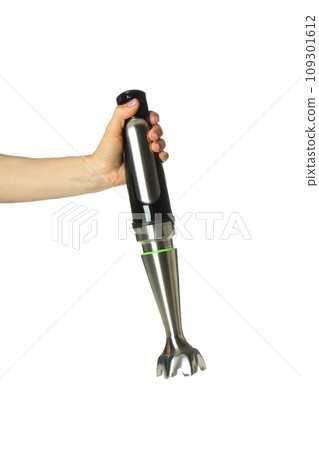 PNG, Black blender in hand, isolated on white background 109301612