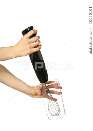 PNG, Black blender with flask in hands, isolated on white background 109301614