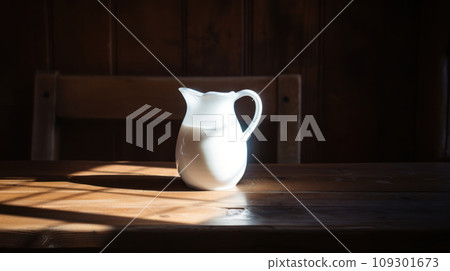 Lifestyle product shot of a full jar of milk and sunlight from the window on a wooden table. Play light and shadow 109301673