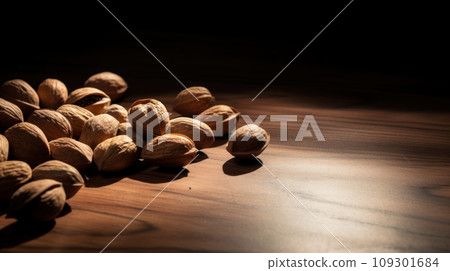 Lifestyle product shot of heap of nuts, walnuts on a wooden table. Play light and shadow Lifestyle product shot of heap of nuts, walnuts on a wooden table. Play light and shadow 109301684