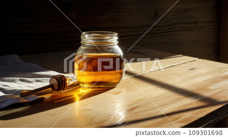 Lifestyle product shot of a glass of honey and spindle illuminated by the sun from the window on a wooden table. Play light and shadow 109301698