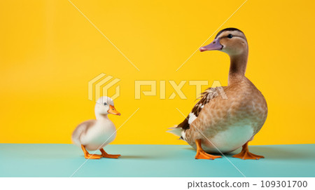Advertising portrait, banner, mother duck and white duckling together, isolated on yellow background 109301700