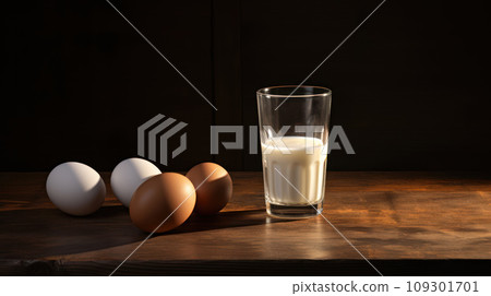 Lifestyle shot, product photography of glass of milk and eggs, on a wooden table. Play of light and shadow Lifestyle shot, product photography of glass of milk and eggs, on a wooden table. Play of light and shadow 109301701