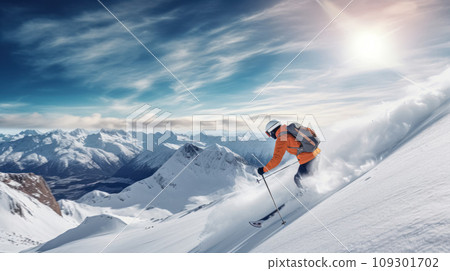 Advertising portrait, banner, man doing freeride in alpine snowy mountains on skies. Sunny winter day Advertising portrait, banner, man doing freeride in alpine snowy mountains on skies. Sunny winter day 109301702