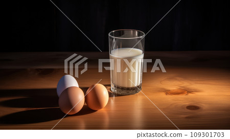 Lifestyle shot, product photography of fresh milk and eggs, on a wooden table. Play of light and shadow Lifestyle shot, product photography of fresh milk and eggs, on a wooden table. Play of light and shadow 109301703