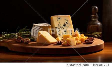 Lifestyle shot, cheddar, mozzarella, gouda, roquefort, brie cheese on a wooden table. Play of light and shadow Lifestyle shot, cheddar, mozzarella, gouda, roquefort, brie cheese on a wooden table. Play of light and shadow 109301721