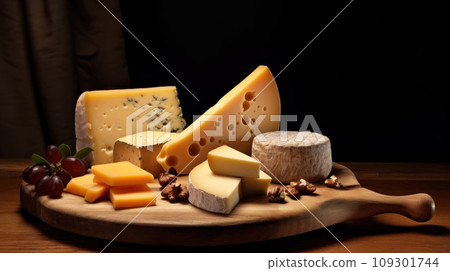 Lifestyle shot, different cheese, cheddar, mozzarella, gouda, roquefort, brie on a wooden table. Play of light and shadow 109301744