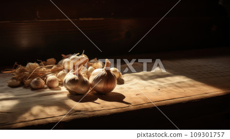 Lifestyle, product shot of many different head of garlic, decorated on wooden table. Play of light and shadow 109301757