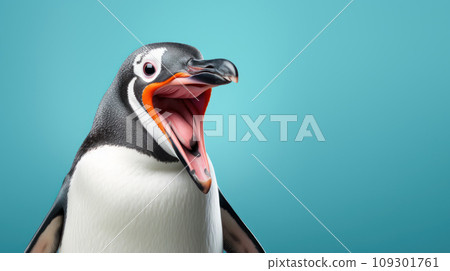 Advertising portrait, banner, screaming cheerful penguin with open mouth, isolated on blue background 109301761