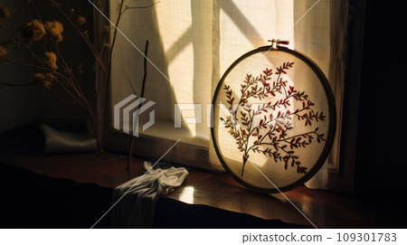 Lifestyle shot of beautiful embroider tree shape in a hoop on a wooden table. Play of light and shadow 109301783
