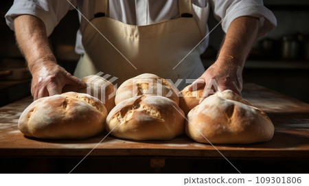 Close-up shot of a baker bakes bread with hands. Slices of bread, powder and buns laid out in a stack 109301806