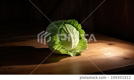 Product shot of green fresh cabbage on a wooden table, product photography, play of light and shadow 109301812