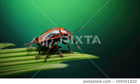 Advertising portrait, banner, orange bug sitting on the surface, isolated on green background 109301820