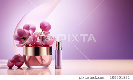 Advertising shot of cosmetics with flowers, presented as a no brand mockup on bright background 109301821